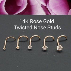 14K Solid Rose Gold , Curve Bar Nose Stud 20 GA